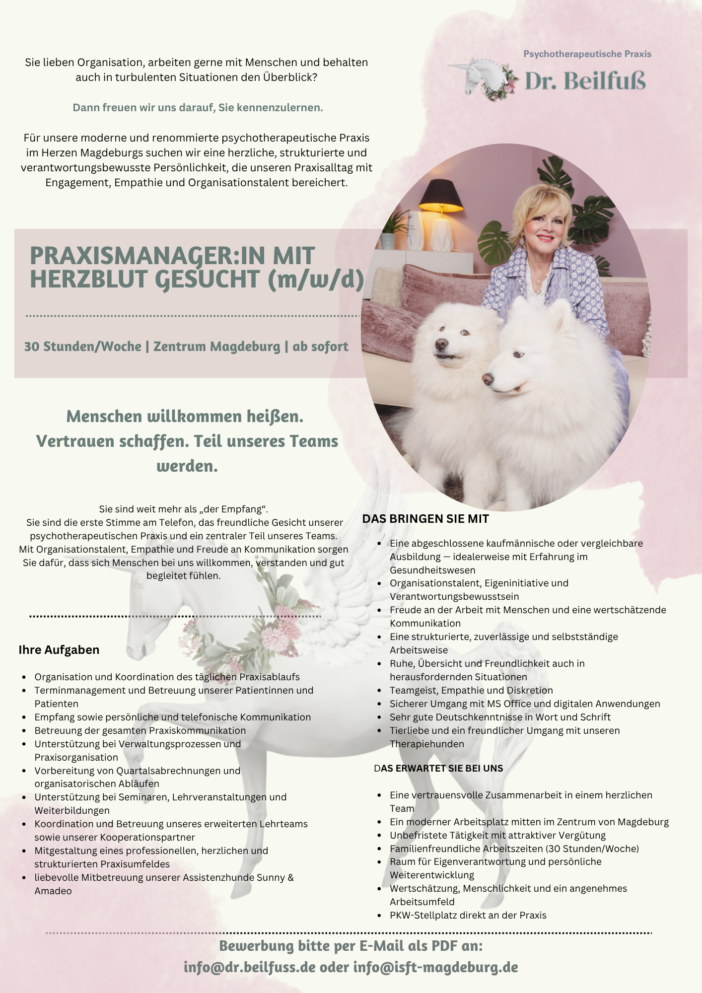 Stellenanzeige Praxismanager:in mit Herzblut gesucht (m/w/d) – psychotherapeutische Praxis Dr. Beilfuß, Magdeburg, 30 Std./Woche, ab sofort